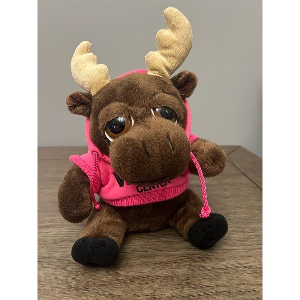 The Petting Zoo Brown Moose The Wild Center Pink Hoodie Plush Stuffed Animal 9"